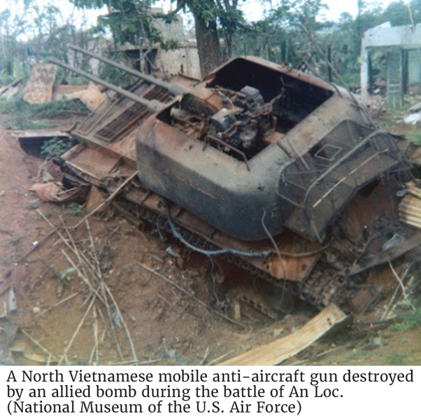 A North Vietnamese mobile anti-aircraft gun destroyed by an allied bomb during the battle of An Loc. (National Museum of the U.S. Air Force)